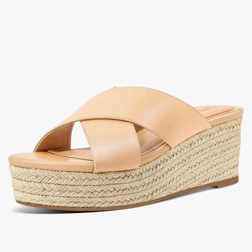 *New* Criss Cross Platform Wedge Sandals  Espadrille Summer Slide Shoes, Nude